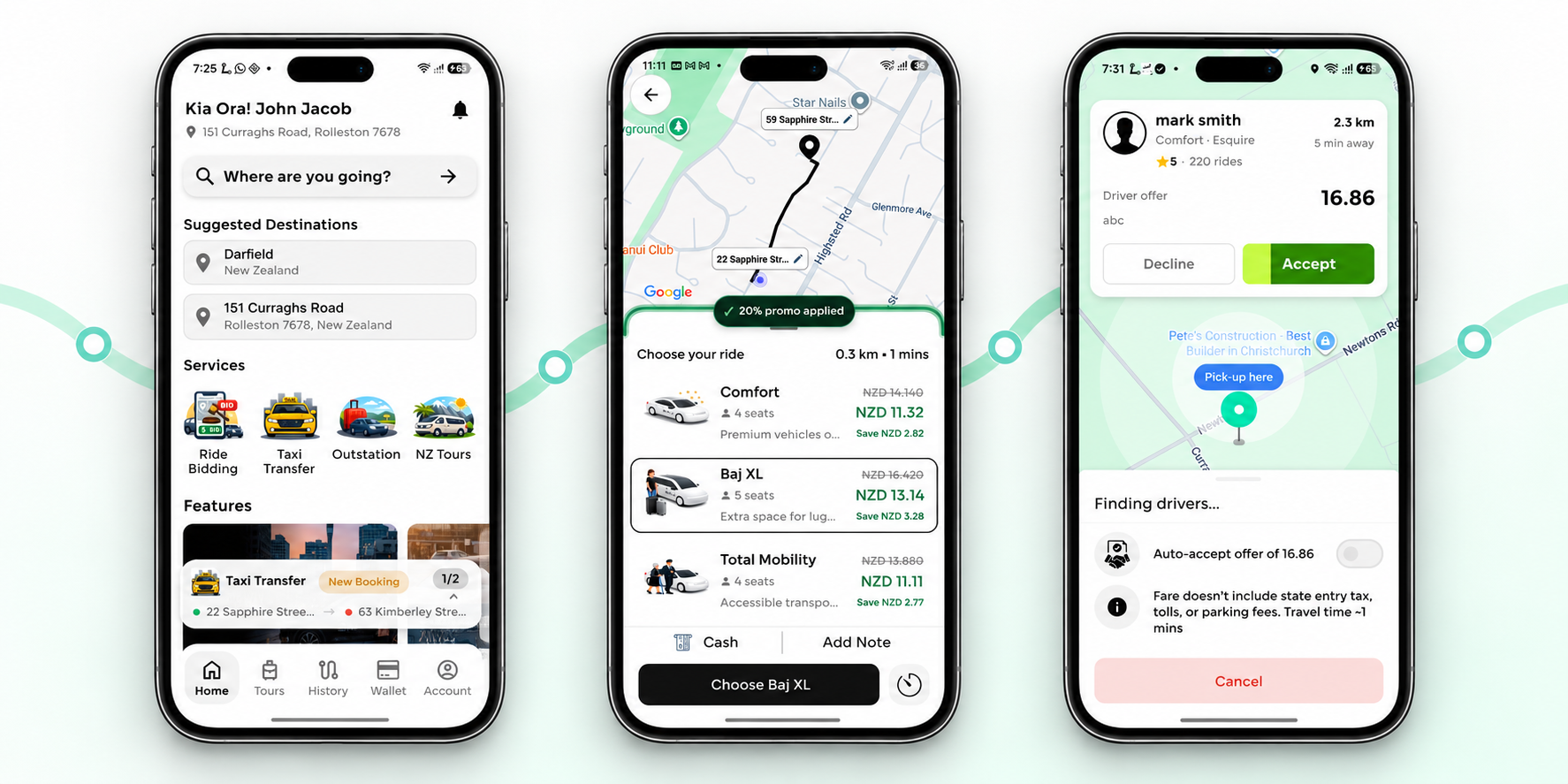 Three passenger app screens showing home, ride selection and driver offer stages.
