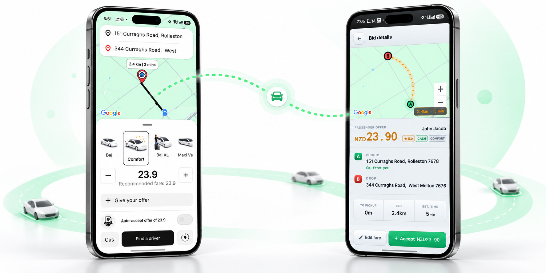 Passenger fare offer and driver bid details displayed on two phones.