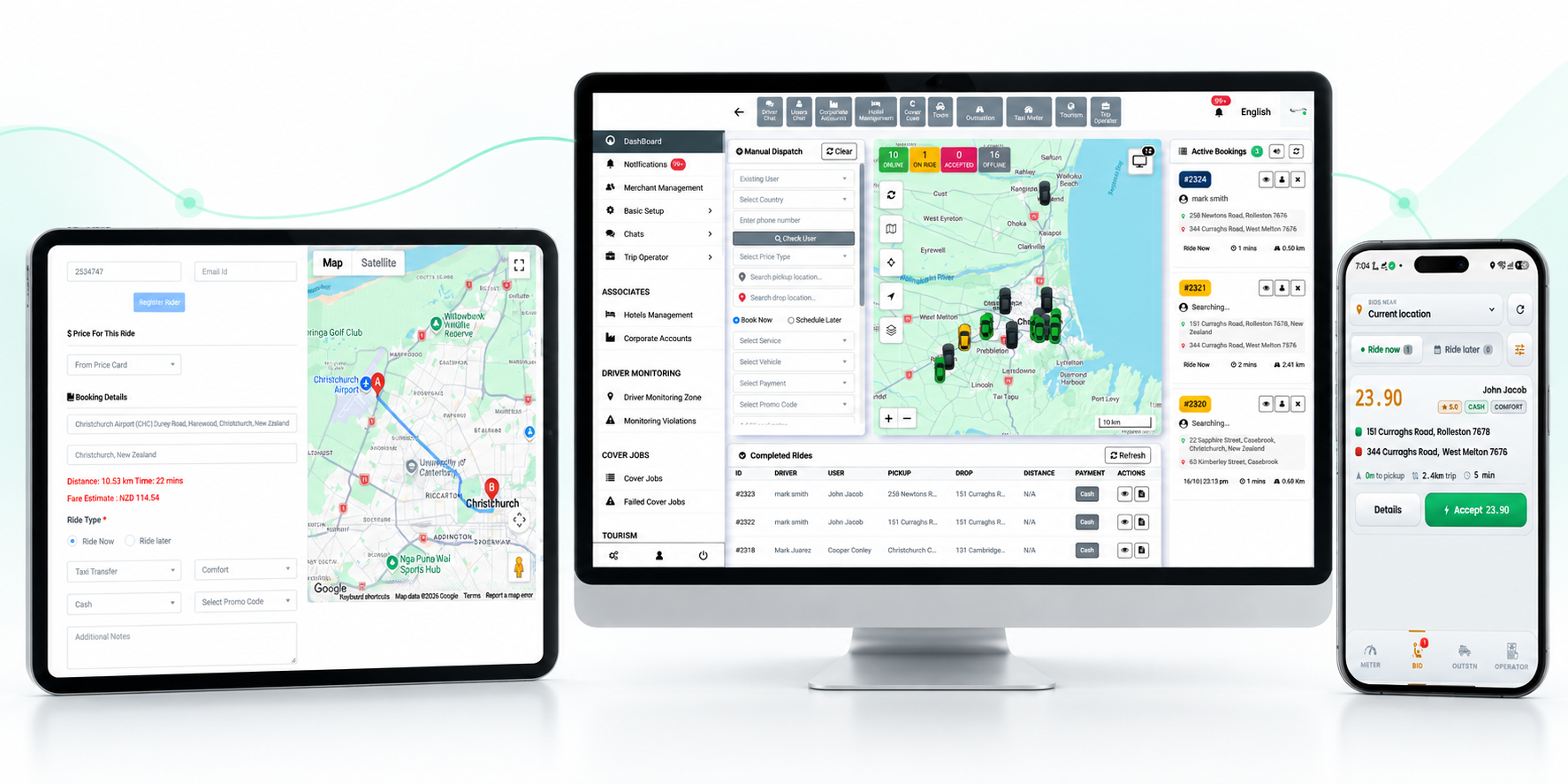 Tablet booking, desktop dispatch and driver app shown as a connected workflow.